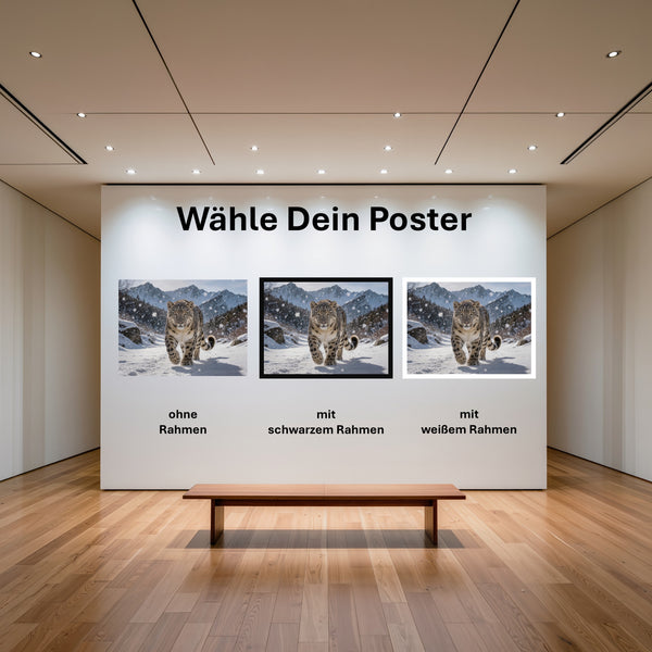 Poster Schneeleopard im Winterwunderland mit und ohne Rahmen