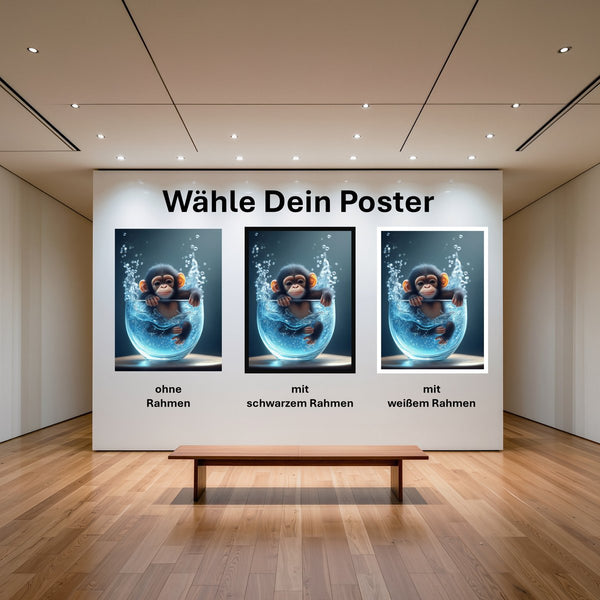 Poster Verspielter Schimpanse im Wasser mit und ohne Rahmen