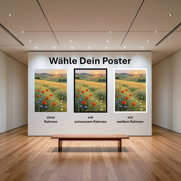 Poster Blühende Wiesen im Sonnenuntergang mit und ohne Rahmen