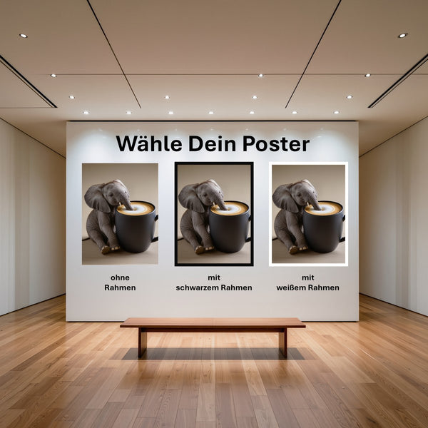 Poster Kaffeegenuss mit einem kleinen Elefanten mit und ohne Rahmen