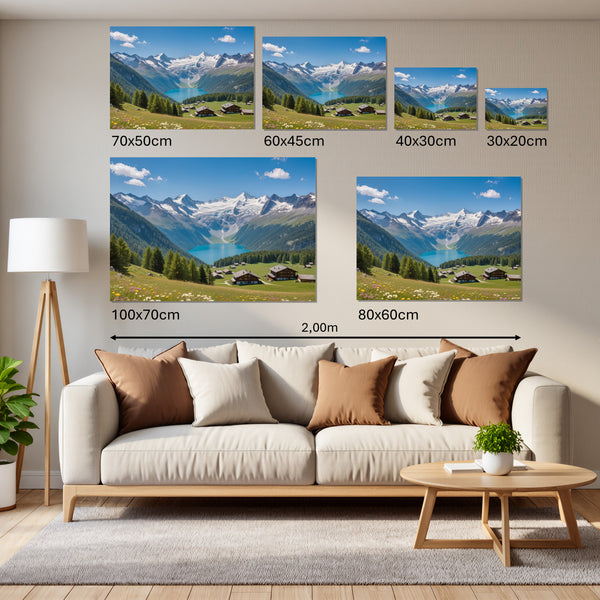 Groessenvergleich Leinwandbild Alpenlandschaft mit blühenden Wiesen Querformat