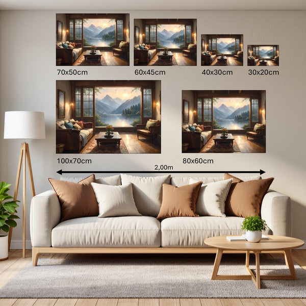 Groessenvergleich Leinwandbild Bergblick im Wohnzimmer Querformat