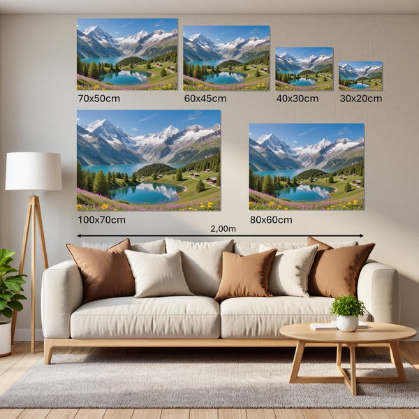 Groessenvergleich Leinwandbild Berglandschaft mit See Querformat