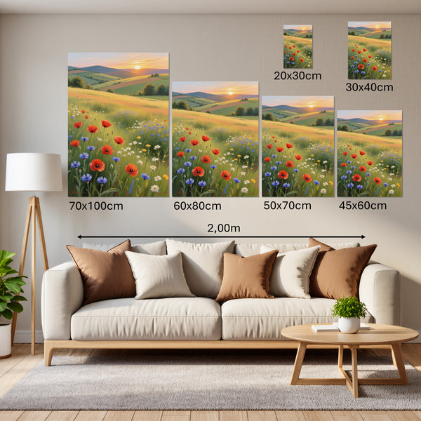 Groessenvergleich Leinwandbild Blühende Wiesen im Sonnenuntergang Hochformat
