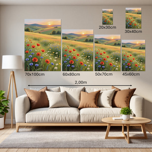 Groessenvergleich Leinwandbild Blühende Wiesen im Sonnenuntergang Hochformat