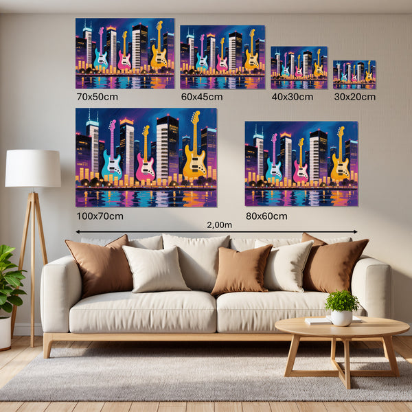 Groessenvergleich Leinwandbild Bunte Gitarren in der Stadt Querformat