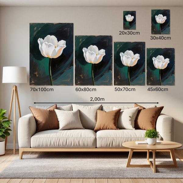 Groessenvergleich Leinwandbild Elegante weiße Tulpe Hochformat