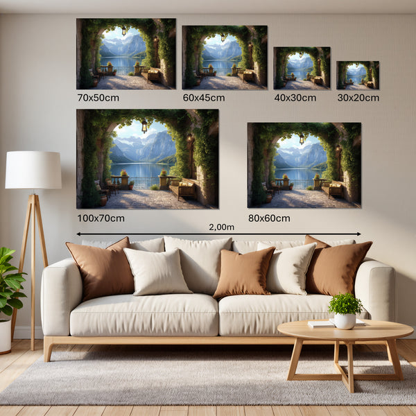 Groessenvergleich Leinwandbild Idyllische Berglandschaft Querformat