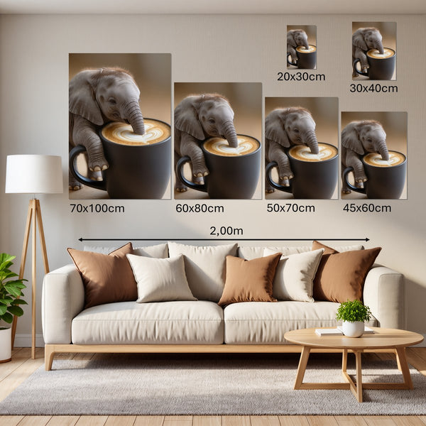 Groessenvergleich Leinwandbild Kaffeegenuss mit Elefant B-00016 Hochformat