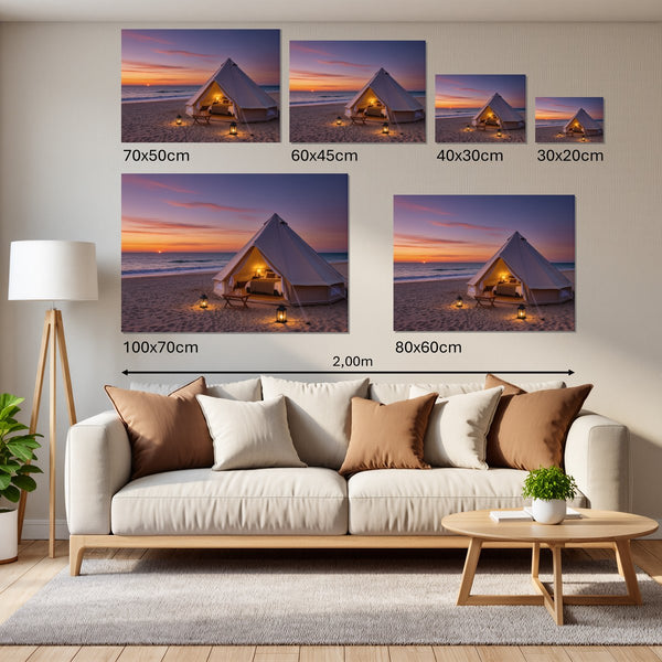 Groessenvergleich Leinwandbild Romantisches Strandzelt bei Sonnenuntergang B-00019 Querformat