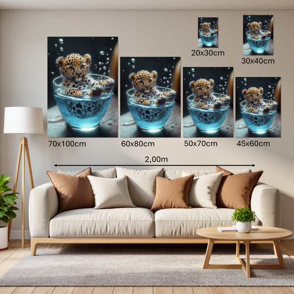 Groessenvergleich Leinwandbild Verspielt und Niedlich Leopardenjunges im Glas Hochformat