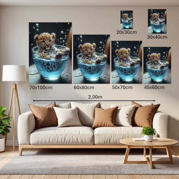Groessenvergleich Leinwandbild Verspielt und Niedlich Leopardenjunges im Glas Hochformat