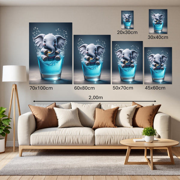 Groessenvergleich Leinwandbild Verspielter Elefant im Glas Hochformat