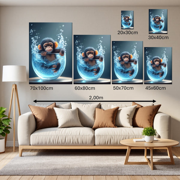 Groessenvergleich Leinwandbild Verspielter Schimpanse im Wasser Hochformat