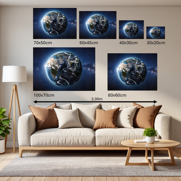 Groessenvergleich Leinwandbild Weltall und Erde B-00027 Querformat