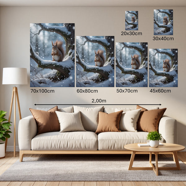 Groessenvergleich Leinwandbild Winterliche Eichhörnchenfreude Hochformat