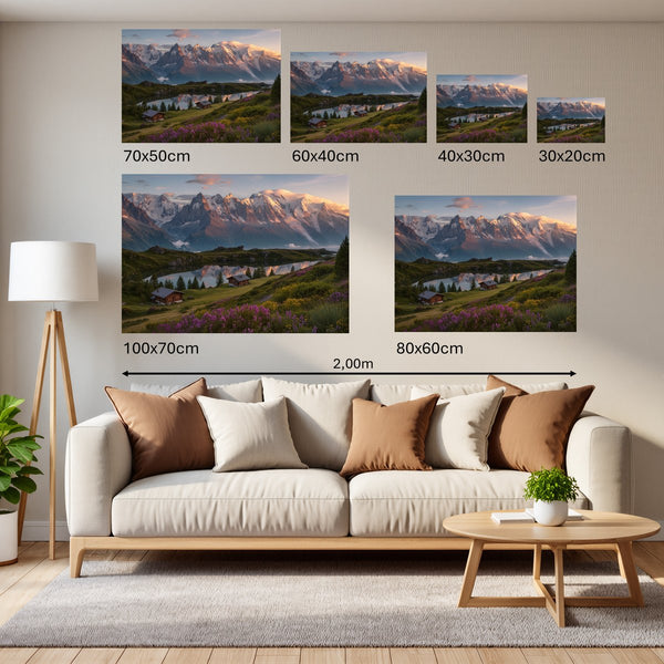 Groessenvergleich Poster Wandbilder Alpenlandschaft bei Sonnenuntergang Querformat