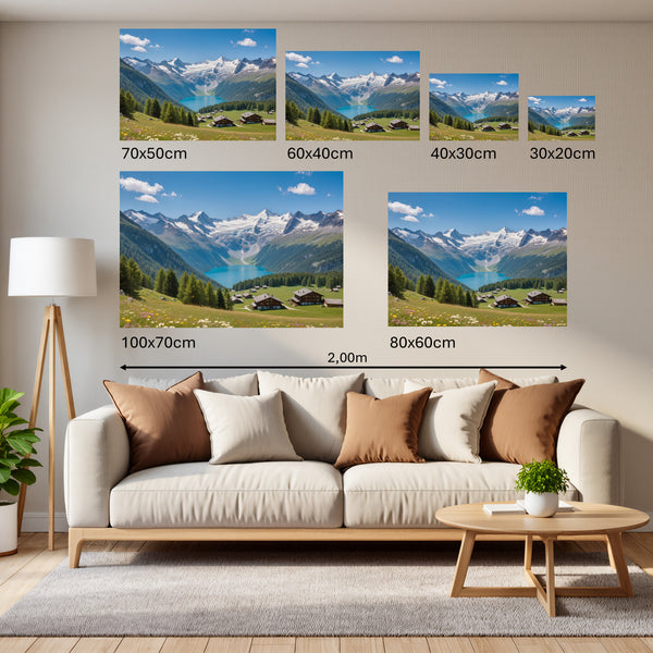 Groessenvergleich Poster Wandbilder Alpenlandschaft mit blühenden Wiesen Querformat