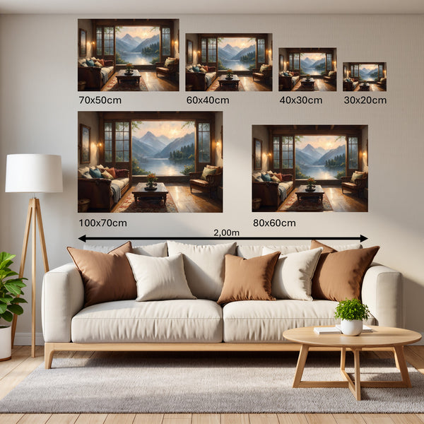 Groessenvergleich Poster Wandbilder Bergblick im Wohnzimmer Querformat