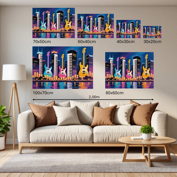 Groessenvergleich Poster Wandbilder Bunte Gitarren in der Stadt Querformat