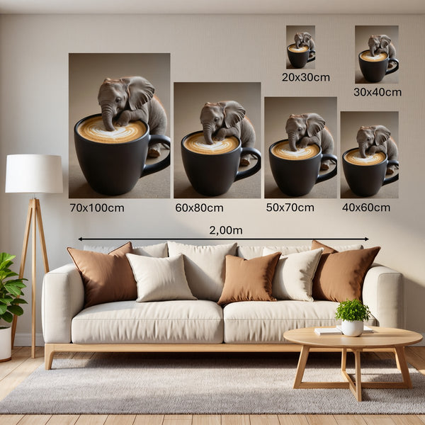 Groessenvergleich Poster Wandbilder Kaffeegenuss mit Elefant Hochformat
