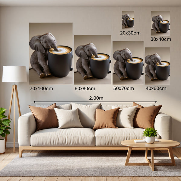Groessenvergleich Poster Wandbilder Kaffeegenuss mit einem kleinen Elefanten Hochformat