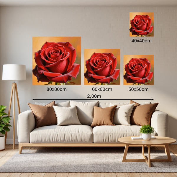 Groessenvergleich Poster Wandbilder Rote Rose in voller Blüte Quadrat