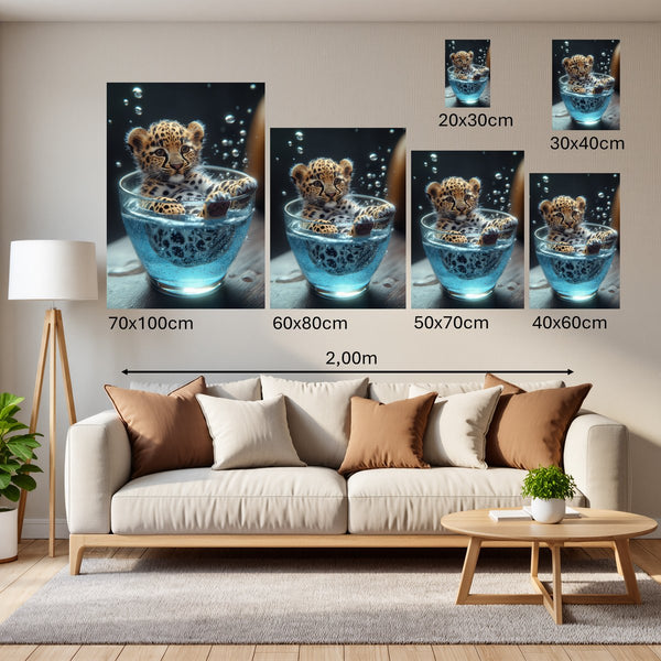 Groessenvergleich Poster Wandbilder Verspielt und Niedlich Leopardenjunges im Glas Hochformat