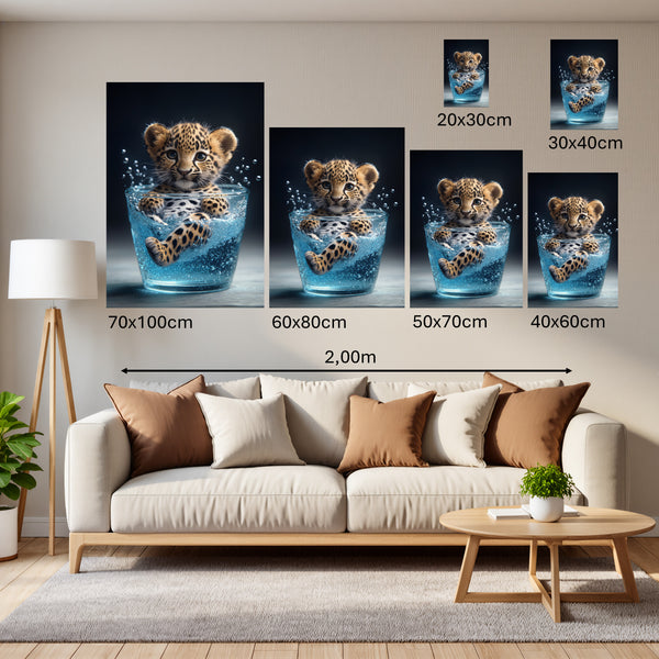 Groessenvergleich Poster Wandbilder Verspielter Leopard im Wasser Hochformat