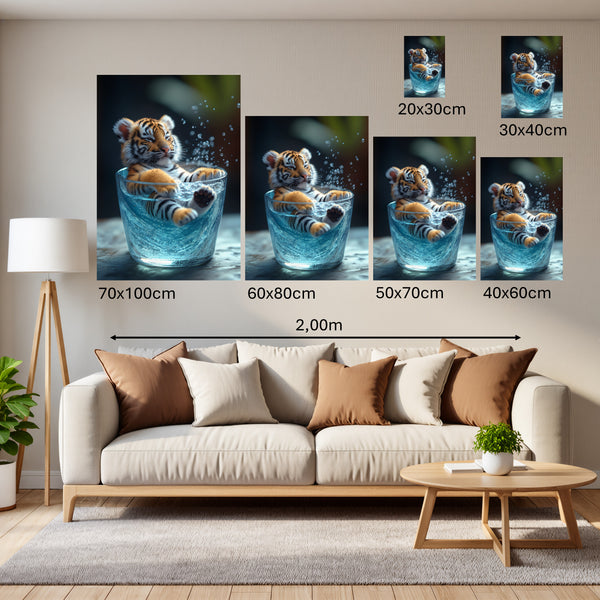 Groessenvergleich Poster Wandbilder Verspielter Tiger im Wasser Hochformat