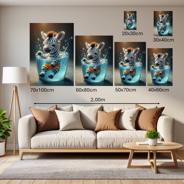 Groessenvergleich Poster Wandbilder Verspieltes Zebra im Wasser Hochformat