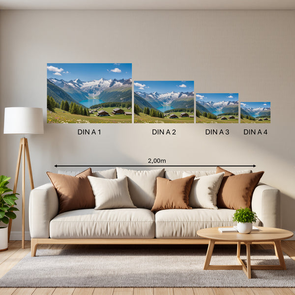 Groessenvergleich Poster in DIN A 1 2 3 4 Alpenlandschaft mit blühenden Wiesen Querformat