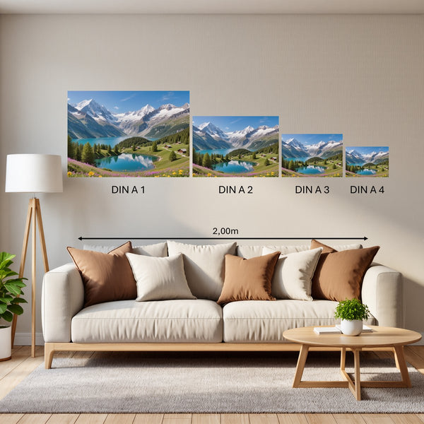 Groessenvergleich Poster in DIN A 1 2 3 4 Berglandschaft mit See Querformat