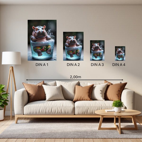 Groessenvergleich Poster in DIN A 1 2 3 4 Entspanntes Nilpferd im Glas Hochformat