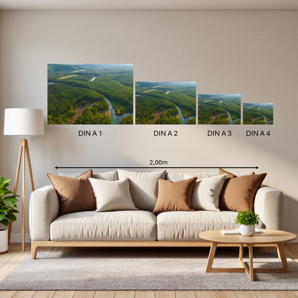Groessenvergleich Poster in DIN A 1 2 3 4 Grüne Landschaft mit Fluss Querformat