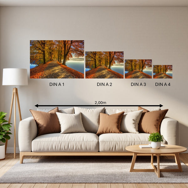Groessenvergleich Poster in DIN A 1 2 3 4 Herbstliche Landschaft am Wasser Querformat