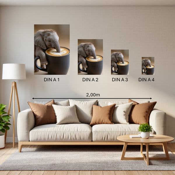 Groessenvergleich Poster in DIN A 1 2 3 4 Kaffeegenuss mit Elefant B-00016 Hochformat