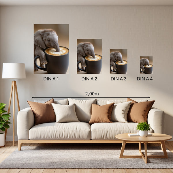 Groessenvergleich Poster in DIN A 1 2 3 4 Kaffeegenuss mit Elefant B-00016 Hochformat