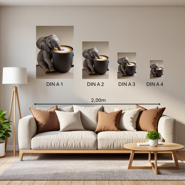 Groessenvergleich Poster in DIN A 1 2 3 4 Kaffeegenuss mit einem kleinen Elefanten Hochformat