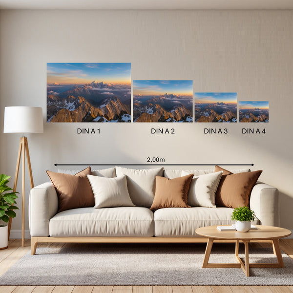 Groessenvergleich Poster in DIN A 1 2 3 4 Majestätische Berglandschaft Querformat