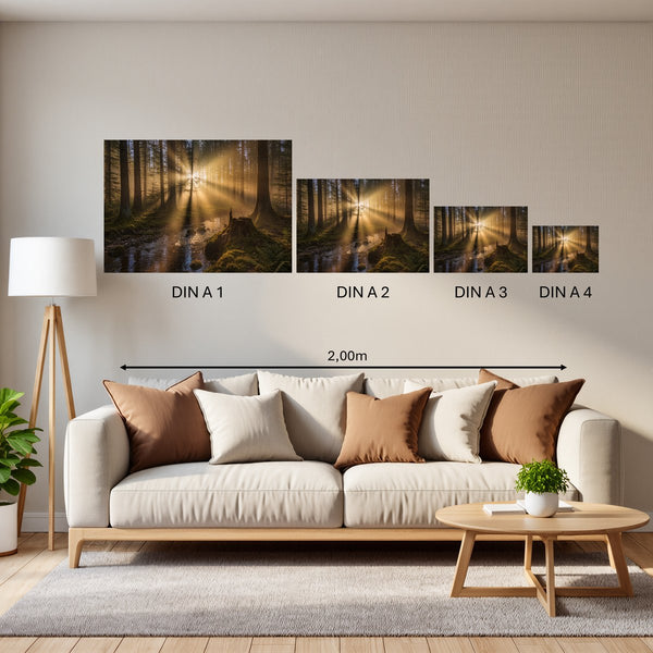 Groessenvergleich Poster in DIN A 1 2 3 4 Mystischer Wald mit Sonnenstrahlen Querformat