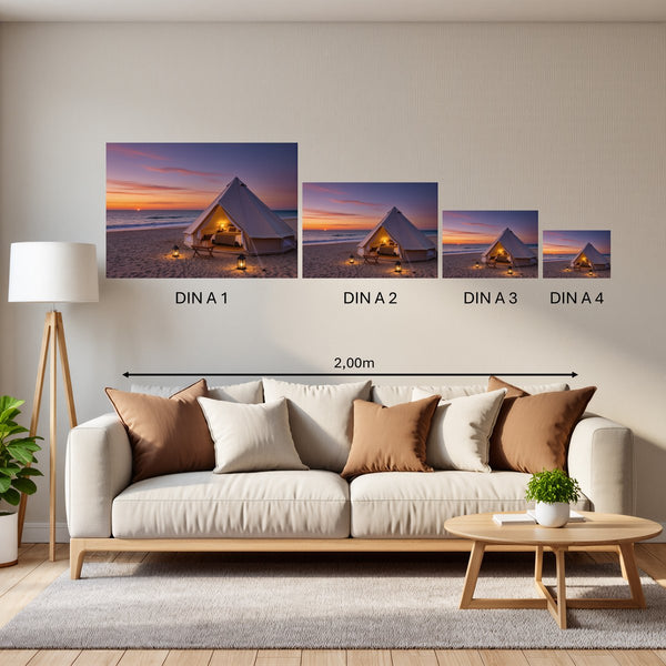 Groessenvergleich Poster in DIN A 1 2 3 4 Romantisches Strandzelt bei Sonnenuntergang B-00019 Querformat
