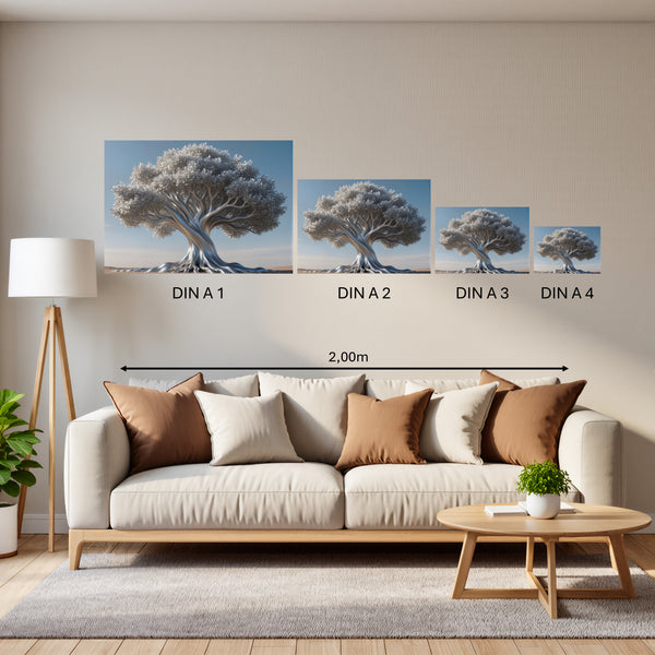 Groessenvergleich Poster in DIN A 1 2 3 4 Silberner Baum Querformat