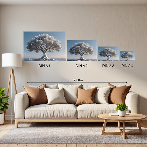 Groessenvergleich Poster in DIN A 1 2 3 4 Silberner Baum im Wasser Querformat