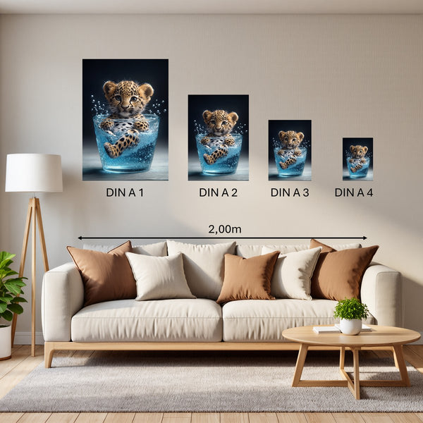Groessenvergleich Poster in DIN A 1 2 3 4 Verspielter Leopard im Wasser Hochformat