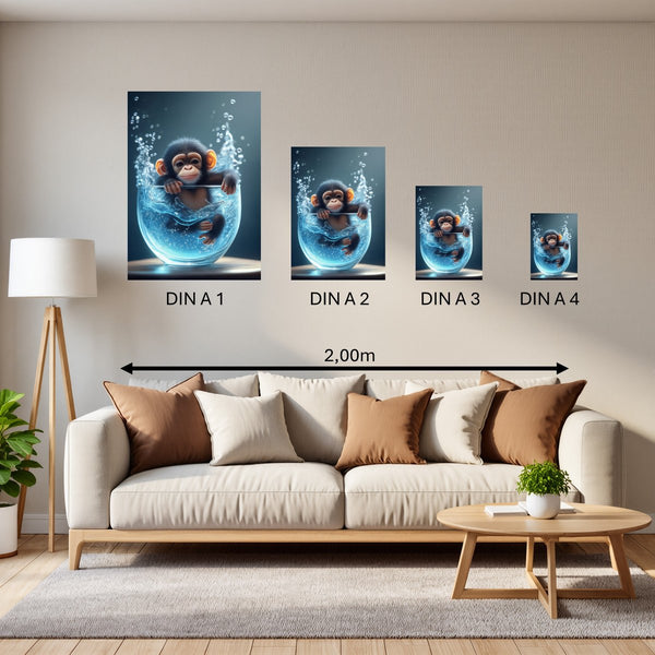 Groessenvergleich Poster in DIN A 1 2 3 4 Verspielter Schimpanse im Wasser Hochformat