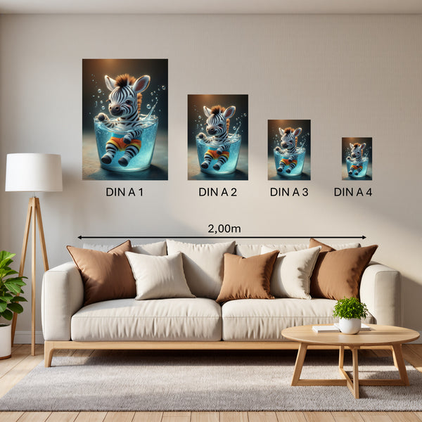 Groessenvergleich Poster in DIN A 1 2 3 4 Verspieltes Zebra im Wasser Hochformat