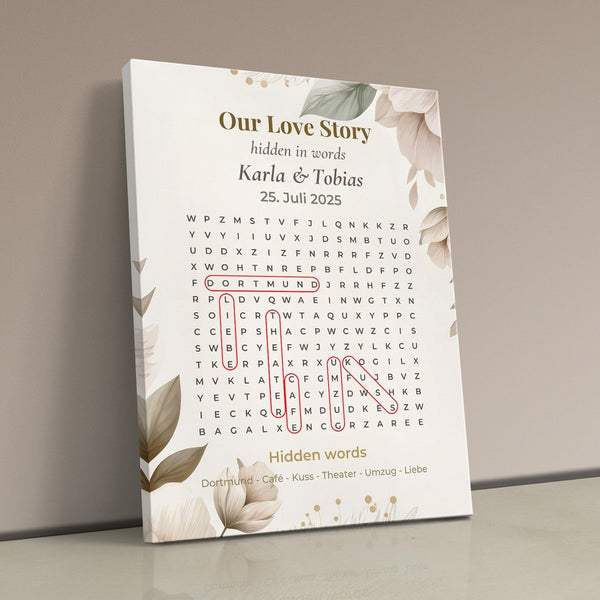 Eure Love Story als Wortsuche - personalisiertes Wandbild auf Leinwand