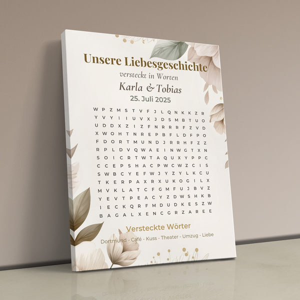 Eure Love Story als Wortsuche - personalisiertes Wandbild auf Leinwand
