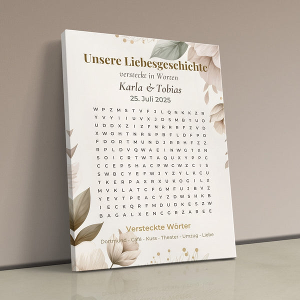 Eure Love Story als Wortsuche - personalisiertes Wandbild auf Leinwand